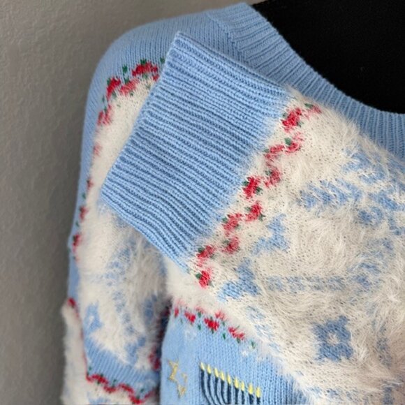 Celebrate Hanukkah Menorah Star of David Blue Knit Pullover Sweater XL - Picture 9 of 12